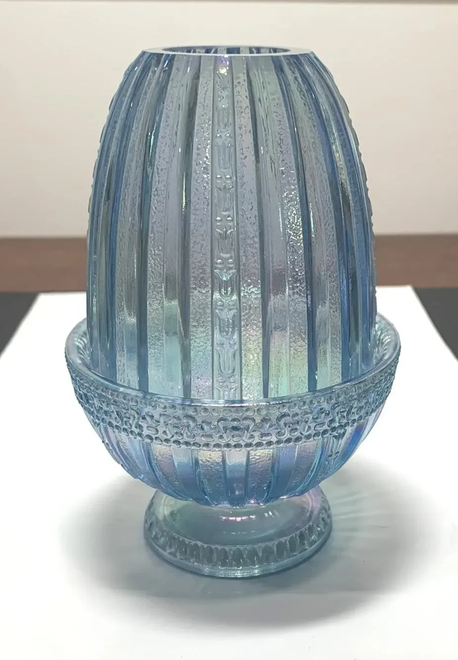 FENTON Misty Ice Blue Iridescent Faberge Egg Shape Fairy Lamp Light Tulip Ribbed
